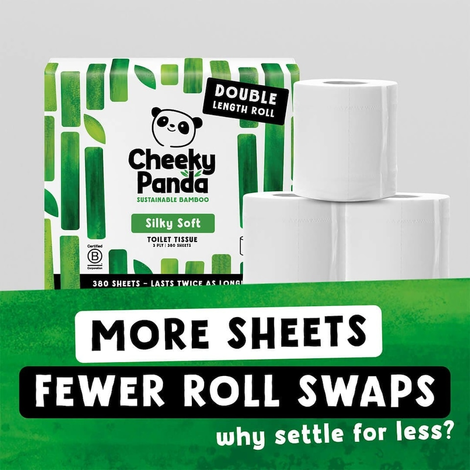 image 1 of Cheeky Panda Double-Length Silky Soft  Bamboo Toilet Paper 12 rolls 380 3 ply sheets | White | Size: 12 Rolls | 12