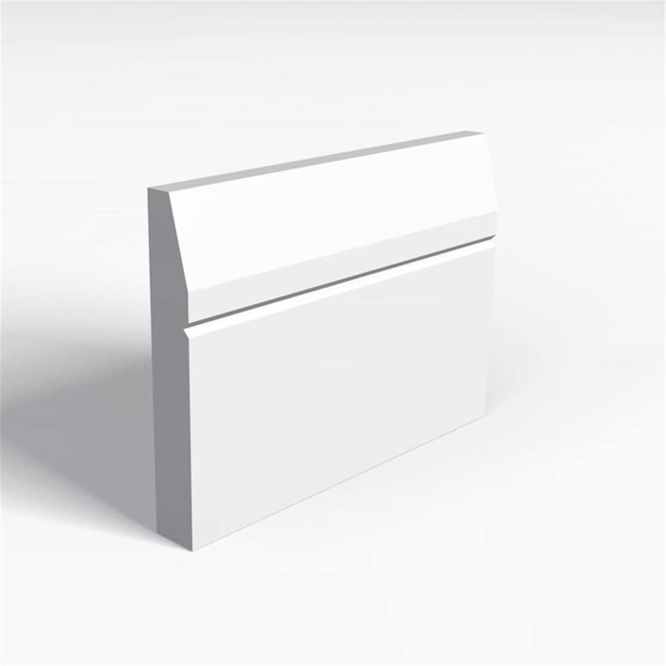 Pack of 10 (Total 10 Units) - MR MDF Primed Splay & 1 V Groove Skirting Board - 25mm (T) x 69mm (H) x 4200mm (L)