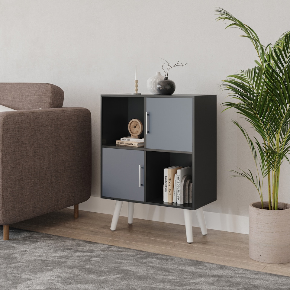 image 1 of Black 4-Cube Storage Unit with 2 Metal Handle Doors and Legs | Grey | Grey & White | 1