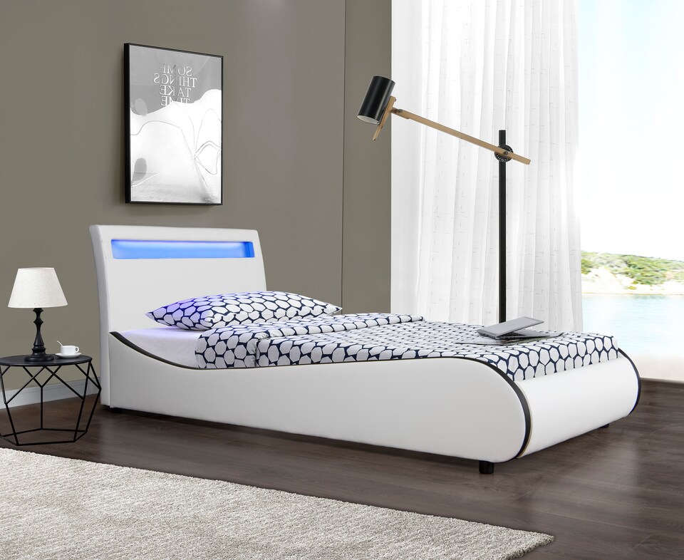 image 1 of Orion LED Lights Headboard Gaming Style White and Black Faux Leather Bed Frame (Single) | White | White