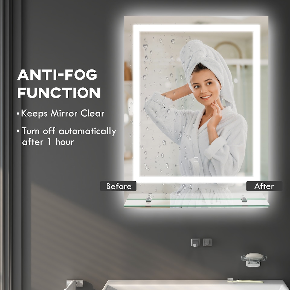 image 1 of kleankin Dimmable Bathroom Mirror with Defogging Film and LED Lights, Clear