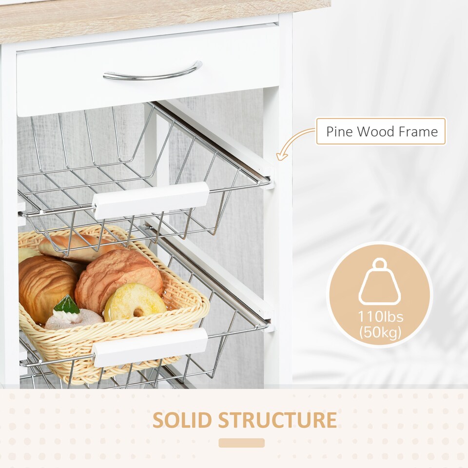 image 1 of HOMCOM Rolling Kitchen Cart, Utility Storage Cart with 4 Basket Drawers & Side Racks, Wheels for Dining Room, Natural and White