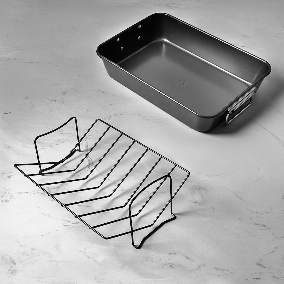 image 1 of ProChef 15" Non-Stick Carbon Steel Roasting Pan with V Rack Heavy-Duty Tray Black | L