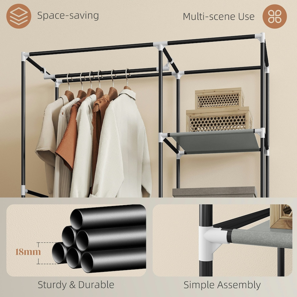 image 1 of HOMCOM Fabric Wardrobe w/ Shelves Hanging Rail Foldable Closets Light Grey