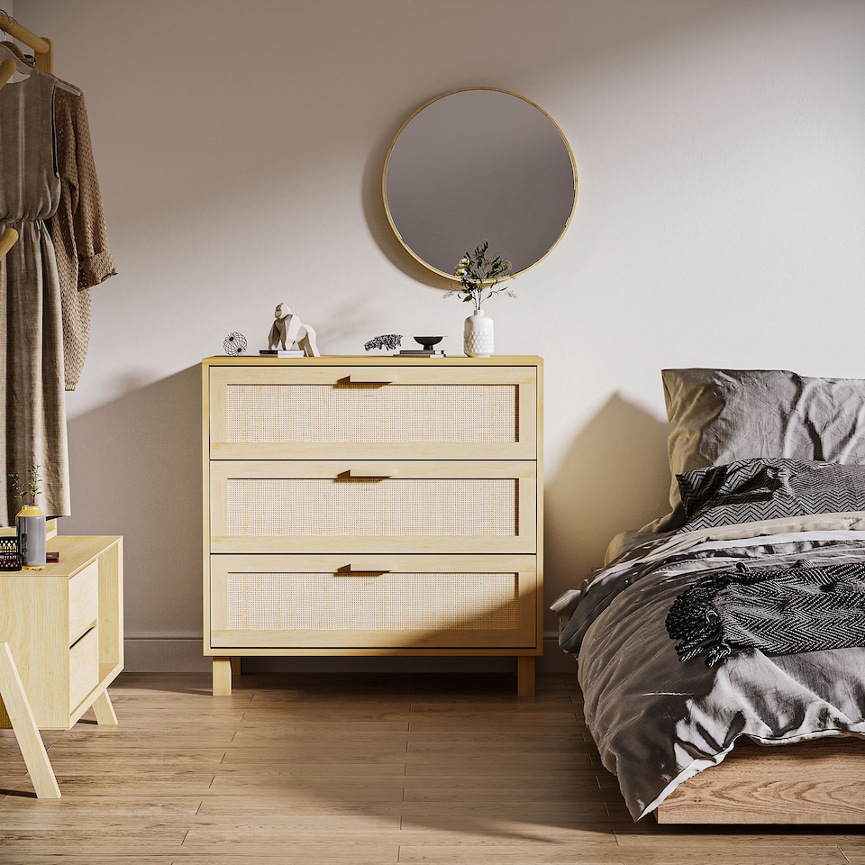 image 1 of HOMCOM Rattan Bedroom Chest of Drawers, 3 Drawers Storage Unit, Boho Dresser for Living Room, Hallway, Natural