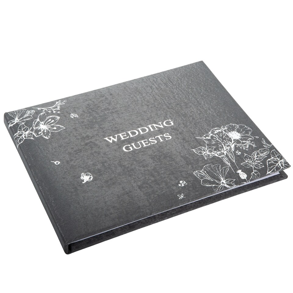 image 1 of Beautiful Black Satin Fabric Wedding Day Guest Book with Silver Floral Decor