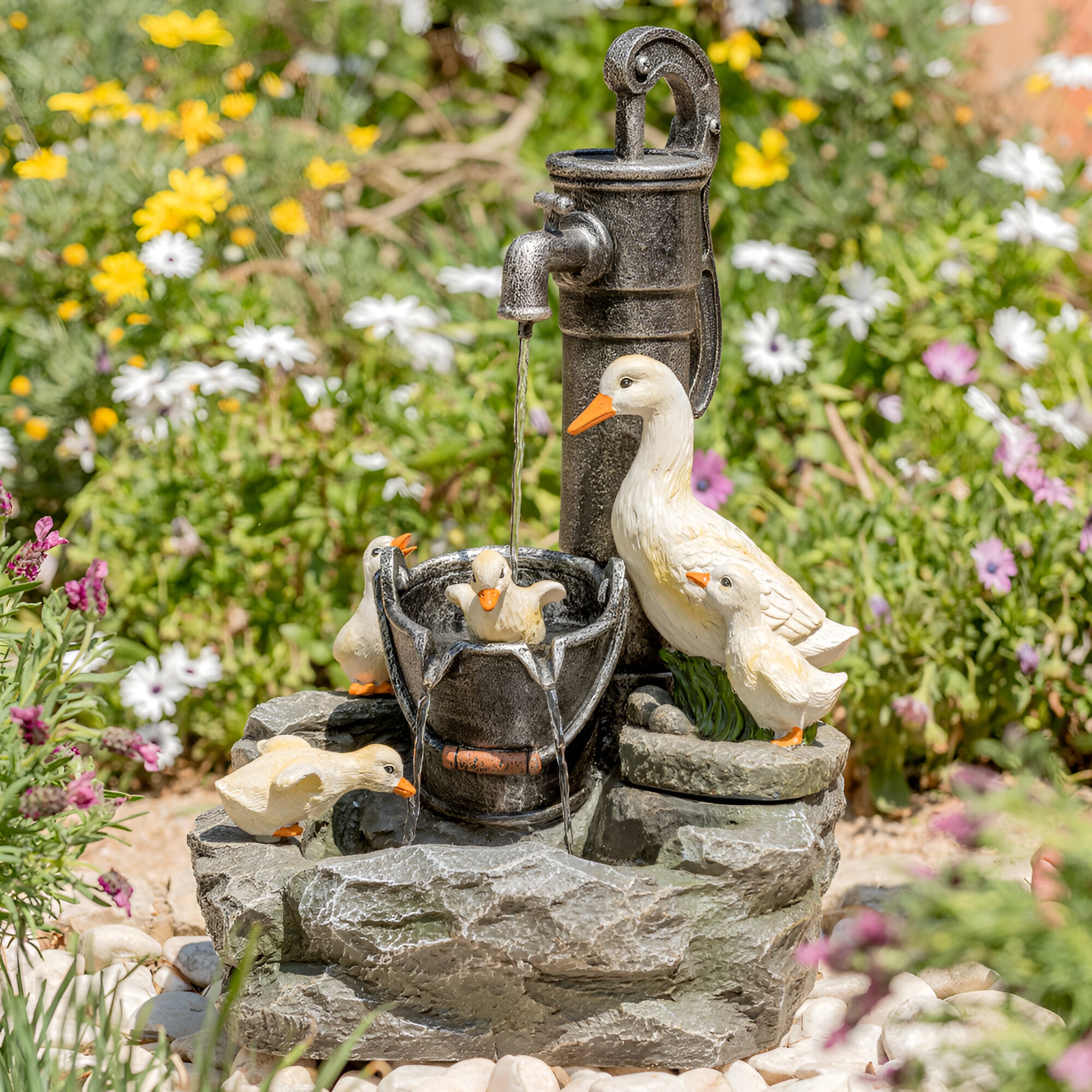 Duck Family at Old Tap Water Feature with Lights 56cm