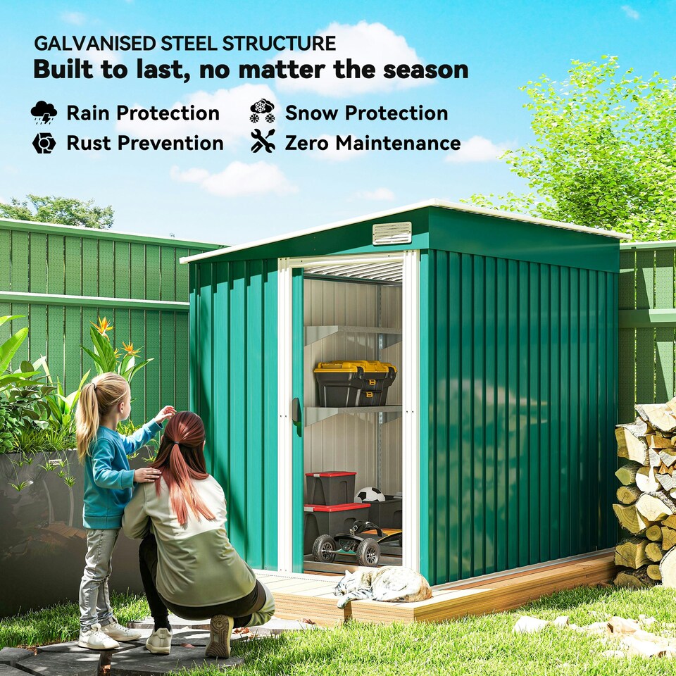 image 1 of Outsunny 7 x 5FT Garden Shed w/ Foundation Lean to Metal Tool Shed Green