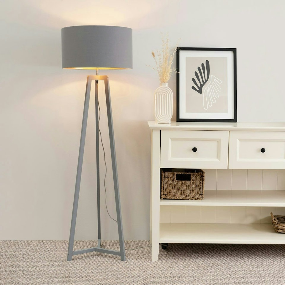image 1 of ValueLights Lottie Grey Wood Tripod Floor Lamp with Grey and Copper Drum Shade