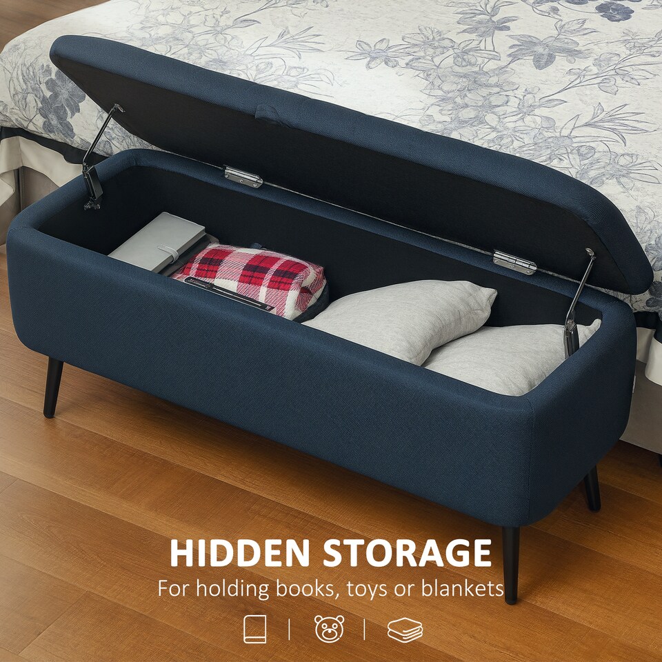 image 1 of HOMCOM Storage Ottoman Bench, Linen Fabric Footstool with Steel Legs Blue