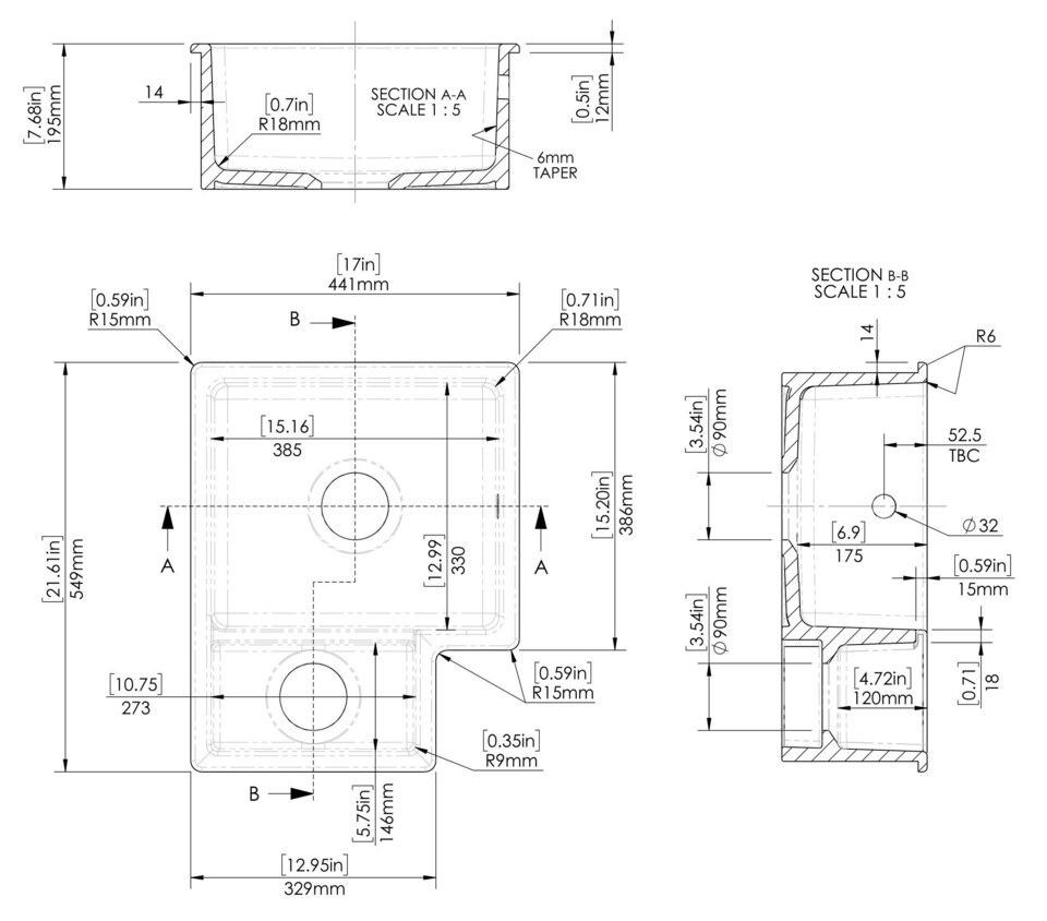 image 1 of Balterley Fireclay 1.5 Bowl Left Hand Undermount Kitchen Sink & Overflow | White | White | 1