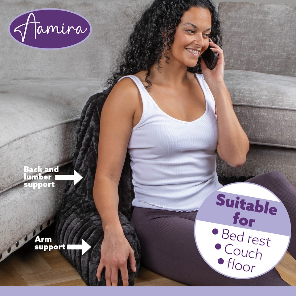 image 1 of Aamira Reading Pillow Black Faux Fur Ribbed Memory Foam Support Cushion | Black | Black | Standard | 1