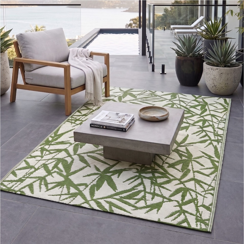 image 1 of Homescapes Outdoor Rug Luxury Waterproof Reversible Recycled, For Garden, Zena Tropical | Green | Green and White