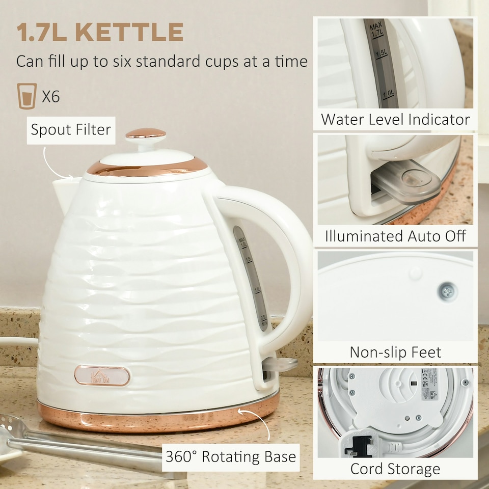 image 1 of HOMCOM Kettle and Toaster Set 1.7L Rapid Boil Kettle & 4 Slice Toaster White