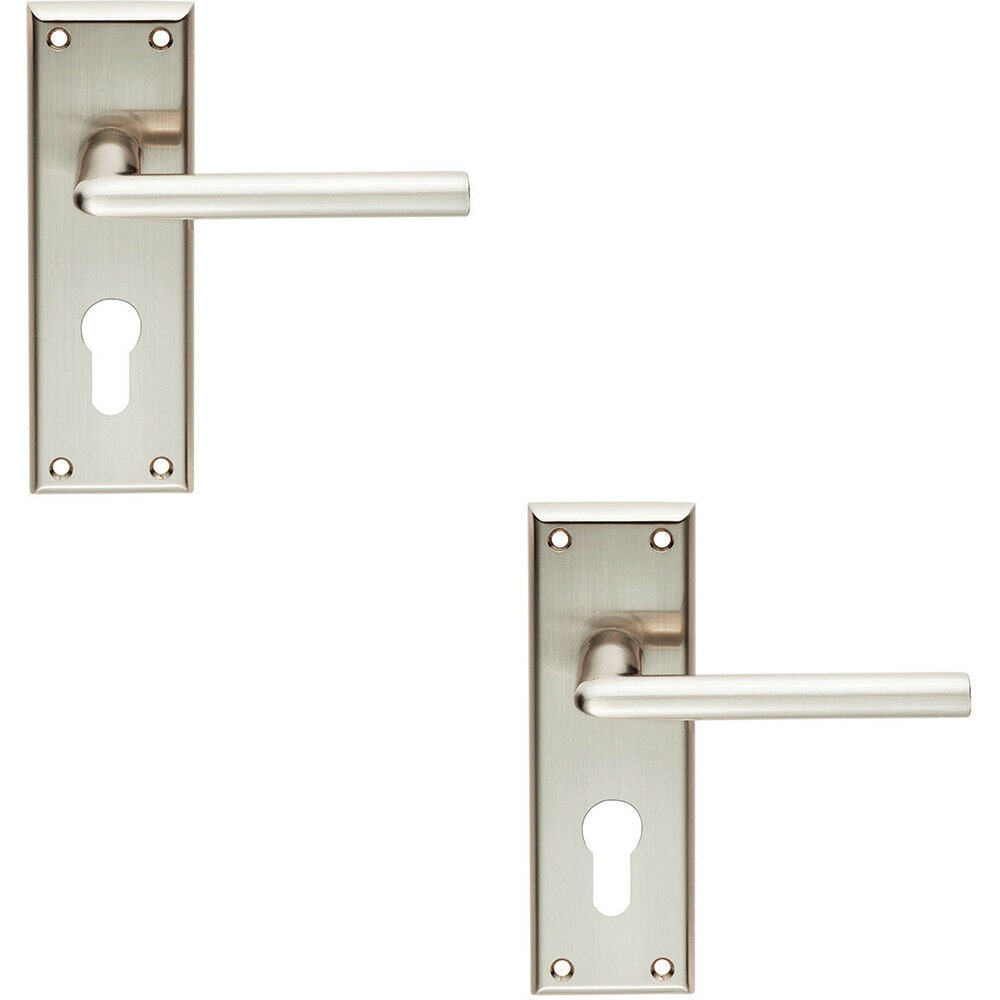 Loops 2x PAIR Rounded Lever on Euro Lock Backplate Handle 150 x 50mm Satin Nickel in Metallics