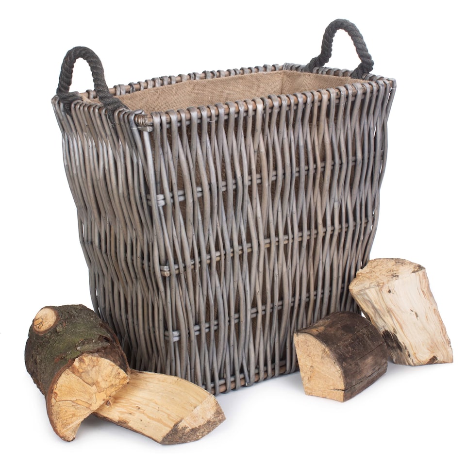 image 1 of Small Grey Rectangular Wicker Log Basket