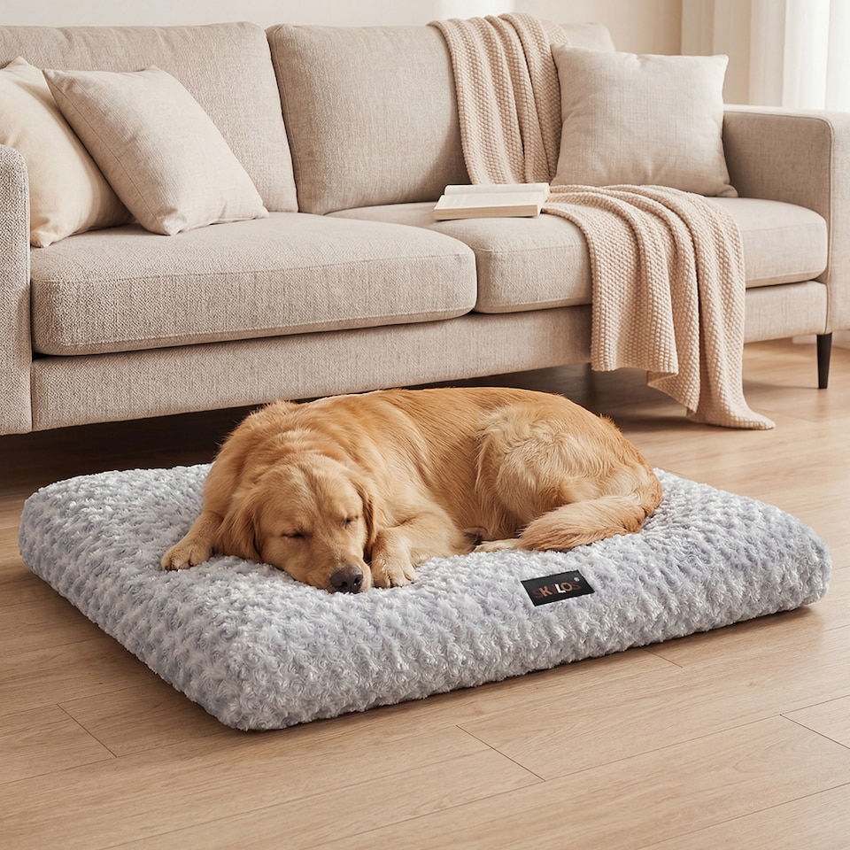 image 1 of SKYLOS Dog Bed Plush Soft Rose Velvet Non-Slip Pet Crate Keneel Mat | Grey | L | L