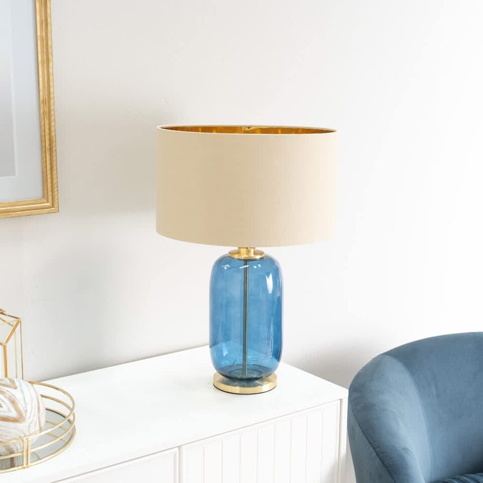 image 1 of ValueLights Leigh Navy Blue and Gold Table Lamp Beige Gold Shade & Bulb | Cream