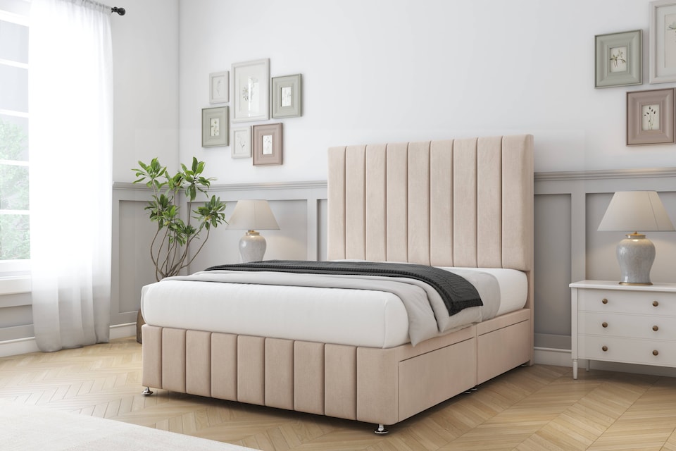 image 1 of Sloomy California Sand Naples Divan Bed Base 2 Drawers Right Side With 26 Inch Strutted Headboard & 12 Inch Matching Footboard | Cream | Sand | Small Double | 1