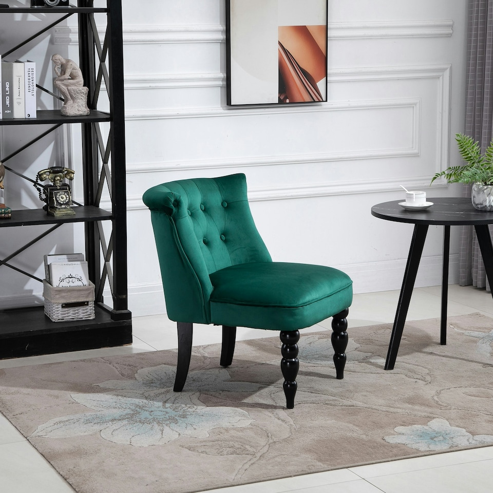 image 1 of HOMCOM Velvet Accent Chair Tufted Wingback Chair w/ Rubber Wood Legs Dark Green