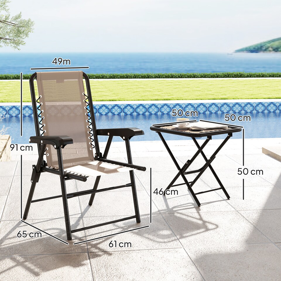 image 1 of Outsunny 3 Pieces Garden Bistro Set, Folding Table and Chairs Set, Metal Garden Furniture Set with Cup Holders for Outdoor, Patio, Balcony, Khaki | Brown