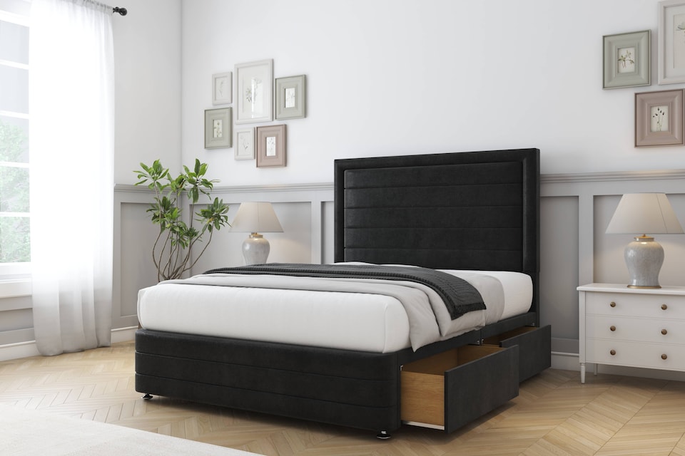 image 1 of Sloomy Ashford Black Plush Divan Bed With Mattress 2 Drawers Left Side With 26" Strutted Headboard & 12" Matching Footboard 4' Small Double | Black | Black | Small Double | 1