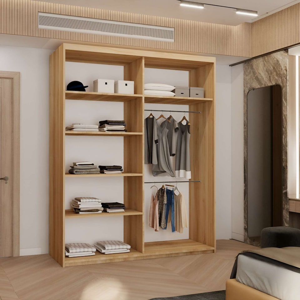 image 1 of Modern Mirror Sliding Wardrobe with Gloss Strips & Storage