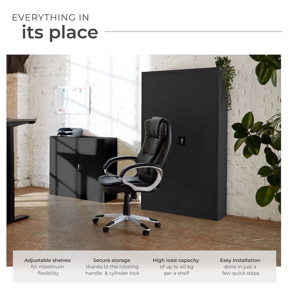 image 1 of Filing Cabinet - 4 adjustable shelves, lockable, 140 x 90 x 40 cm | Black | black | 40 x 90 x 140 cm | 1