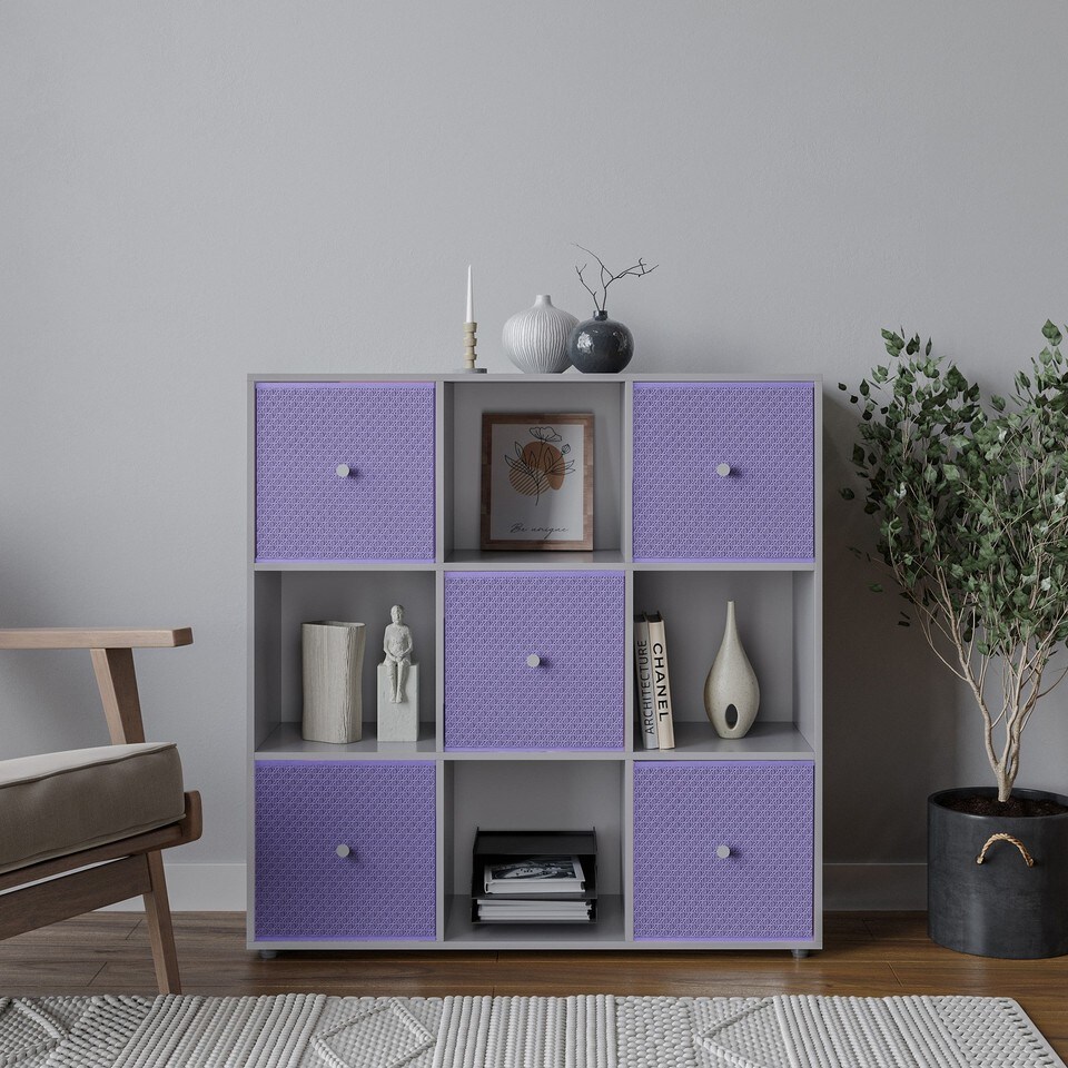 image 1 of 9 Cube Wooden Bookcase Shelving Unit with 5 Collapsible Fabric Drawers | Multi | Grey & Lilac | 1