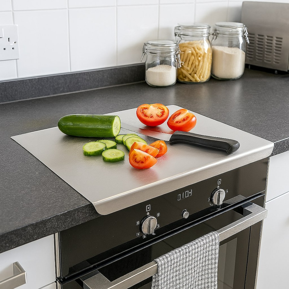image 1 of Argon Tableware 2pc Counter Edge Chopping Board Set - Stainless Steel Non-Slip Kitchen Worktop Saver Food Cutting Protector | Silver | Silver | 40 x 30 x 2 CM | 60 x 40 x 2 CM | 2