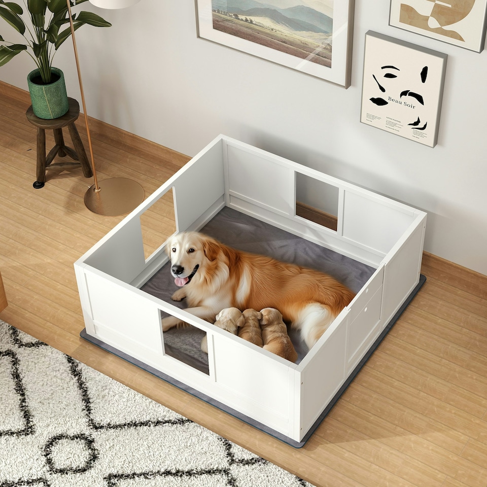 image 1 of PawHut Dog Whelping Box with Whelping Pad, Adjustable Entrance, 124 x 120cm