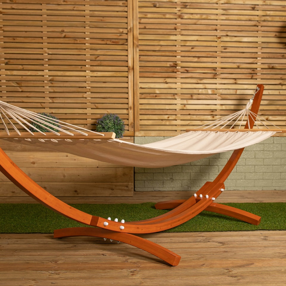 image 1 of 3.10m x 1.2m Palermo Freestanding Garden Hammock with Larch Wood Arc Stand in Cream Brown