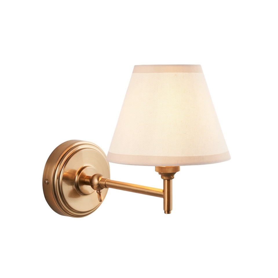 image 1 of Step Fold Brushed Aged Brass Plate Wall Light with Vintage White Fabric Ivy Shade 16cm B22