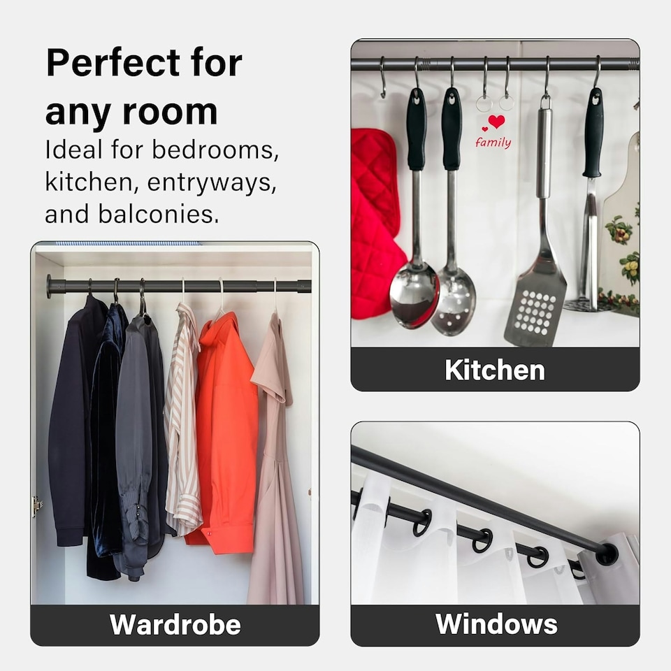 image 1 of Extendable Wardrobe Clothes Rail Rod Pole Black Stainless Steel Adjustable Store - Small (45-77cm) Black