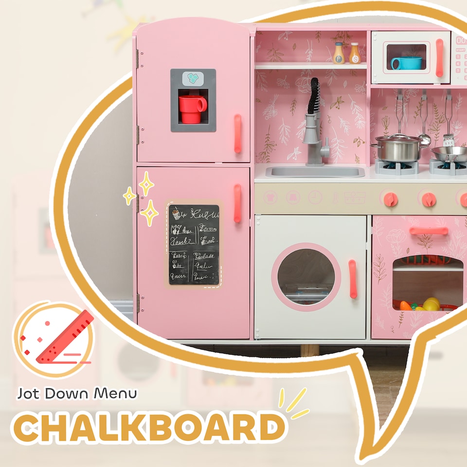 image 1 of AIYAPLAY Toy Kitchen, Pretend Role Play Kitchen, Kids Kitchen Set with Lights and Sounds, Double Stoves, Ice Maker, Chalkboard, Microwave, Oven, Sink, 5 Accessories, Pink