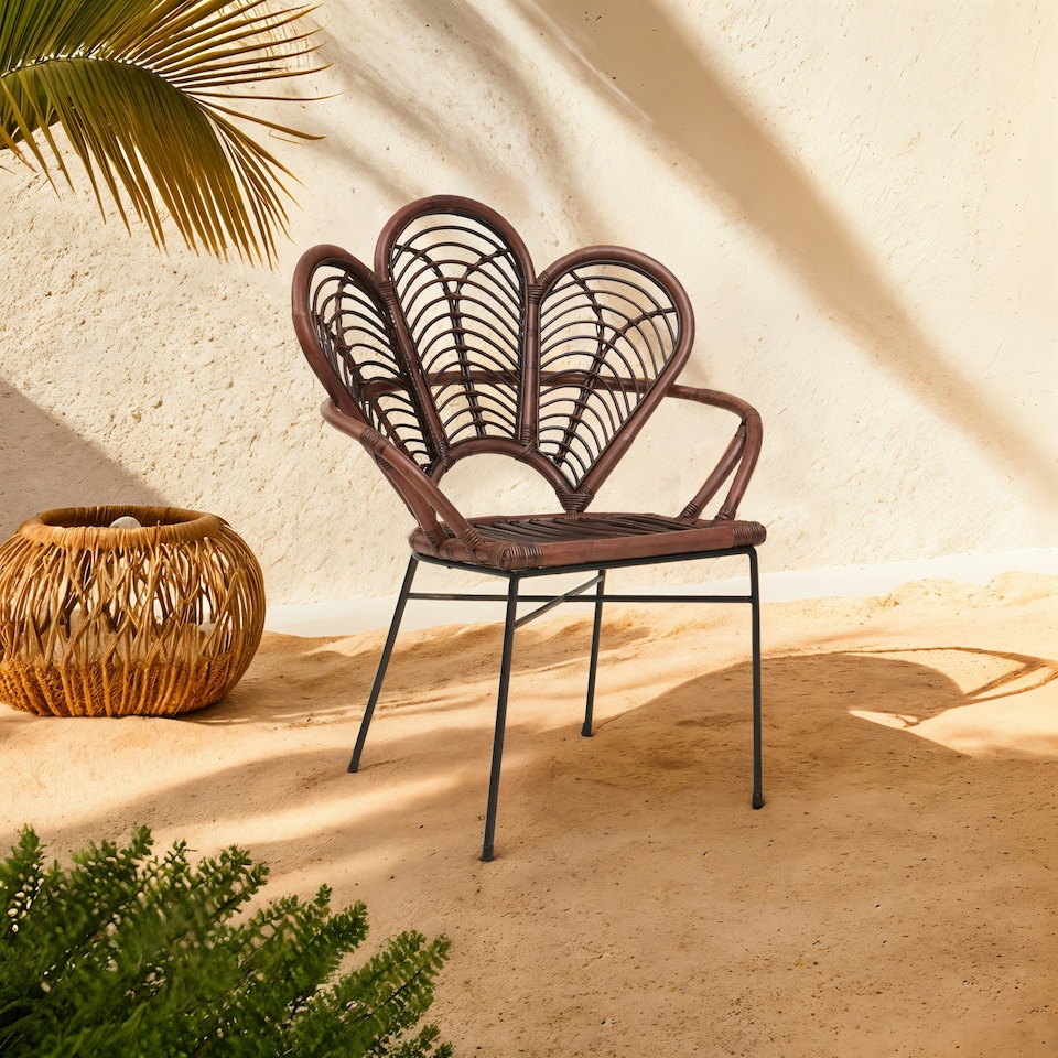 image 1 of Interiors by Premier Brown Natural Rattan Chair with Petal Designed Back, Rattan Dining Chair, Rattan Outdoor Chair for Garden Brown