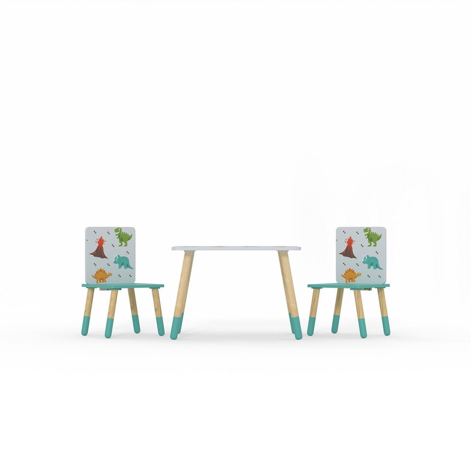image 1 of Dino Kids Table & 2 Chairs Set - Space Saving Play Furniture with Scandi Pine Legs & Dinosaur Graphics - Assembly Required