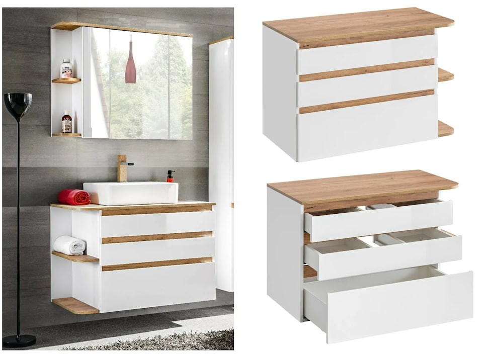 image 1 of Plat Bathroom Vanity Unit, Oak Countertop - White Gloss W940xH635mm
