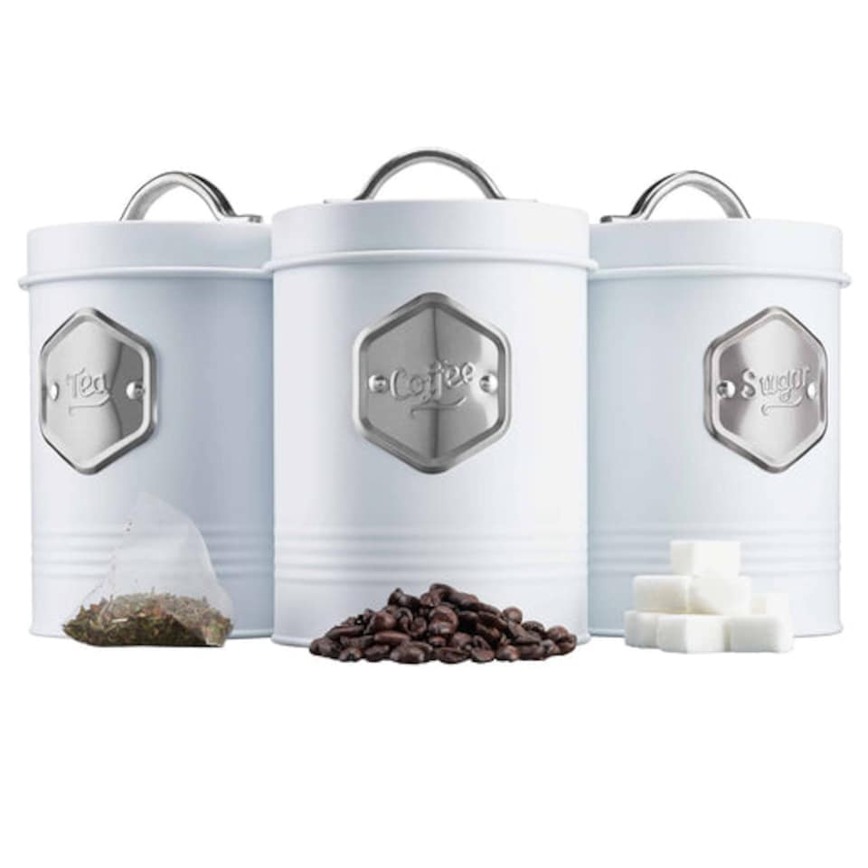 image 1 of Cooks Professional 3 Piece Kitchen Storage Set – Tea, Coffee & Sugar Cannisters | White | White & Silver | 3