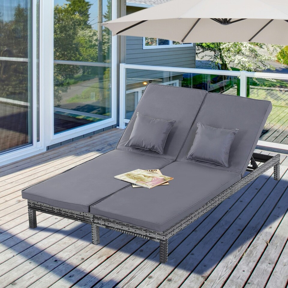 image 1 of Outsunny 2 Person Rattan Lounger Adjustable Double Chaise Chair w/ Cushion Grey