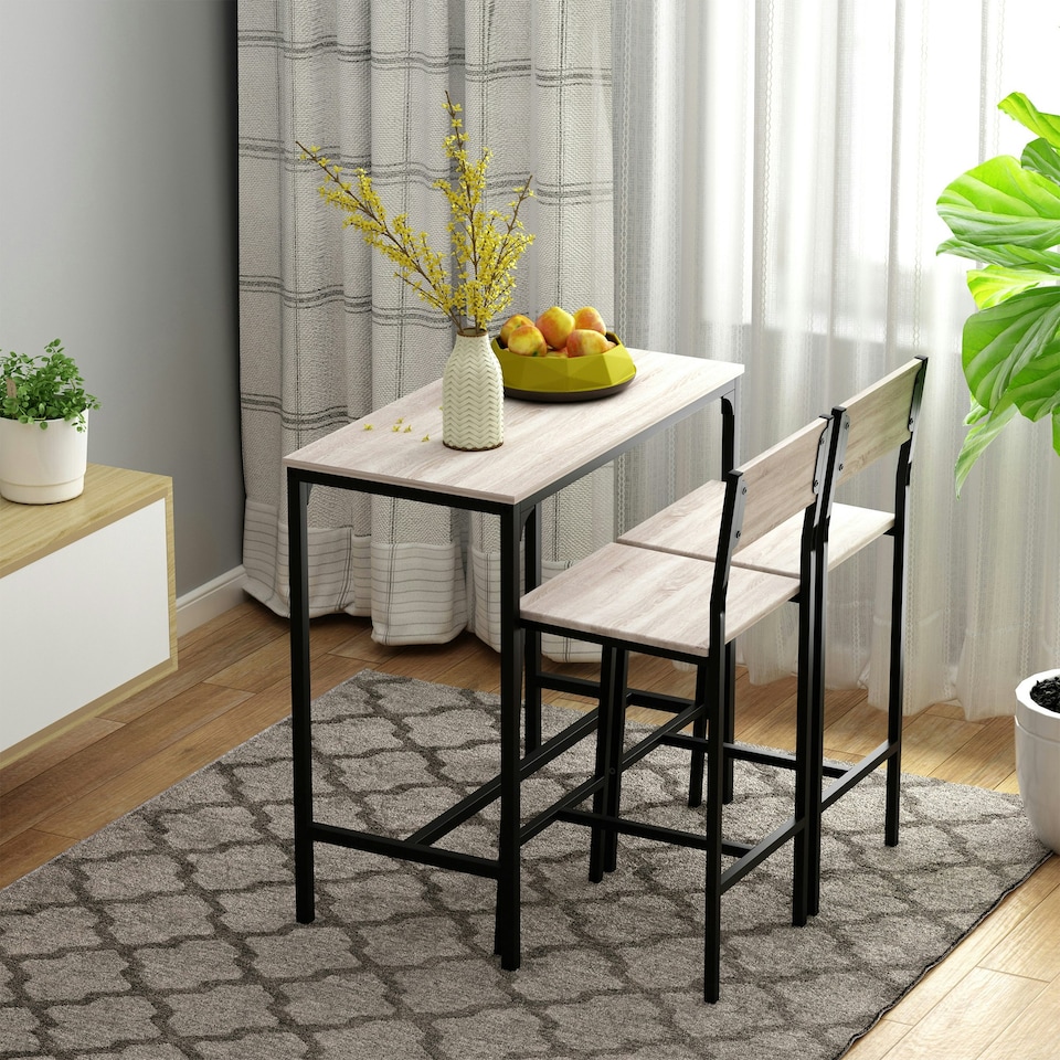 image 1 of 3 Pack Table Stool Set Industrial Design w/ Metal Frame Oak Tone MDF Panels