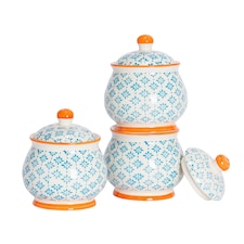 Nicola Spring Hand-Printed Plant Pot with Saucer - 20.5cm - Orange | Orange | Orange / Blue