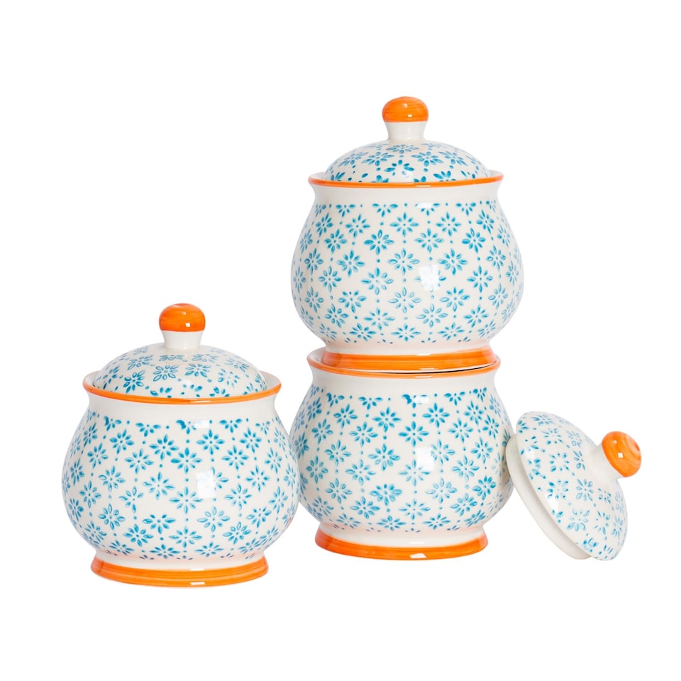 image 1 of Nicola Spring Hand-Printed Plant Pot with Saucer - 20.5cm - Orange | Orange | Orange / Blue