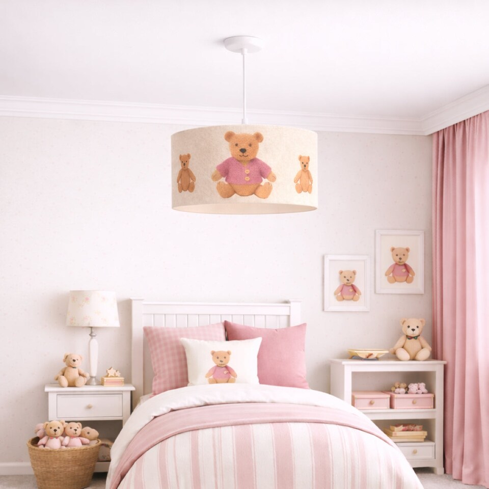 image 1 of CGC BLAKE 45cm Oatmeal Linen Pink Teddy Bear Children’s Lampshade