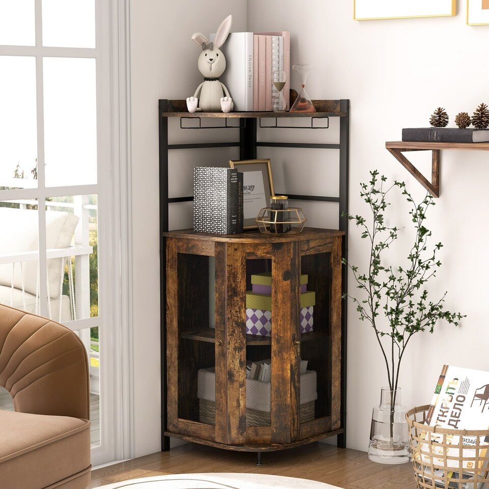 image 1 of COSTWAY Industrial Corner Buffet Bar Cabinet with Glass Holders