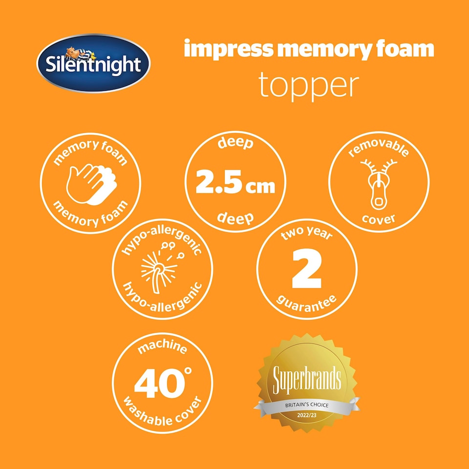 image 1 of Silentnight Impress 2.5cm Thick Memory Foam Mattress Topper, Hypoallergenic, Orthopedic, Single