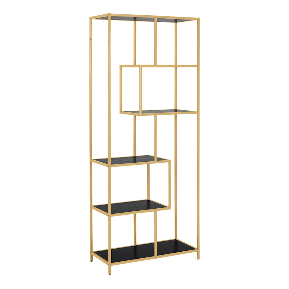 image 1 of Seaford Tall Gold Metal Bookcase with 5 Black Shelves