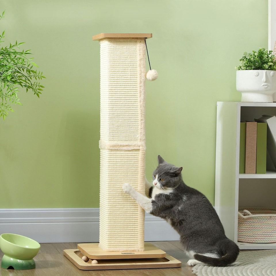 image 1 of PawHut 3-in-1 Cat Scratcher Post with Sisal Track Ball Toy, 87cm, Light Oak