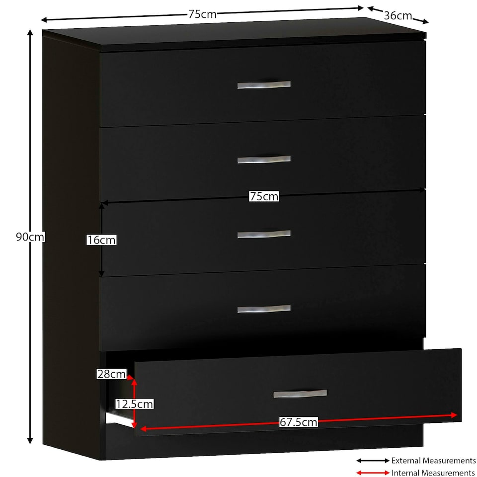 image 1 of Vida Designs Riano 5 Drawer Chest of Drawers Bedroom Storage, Black