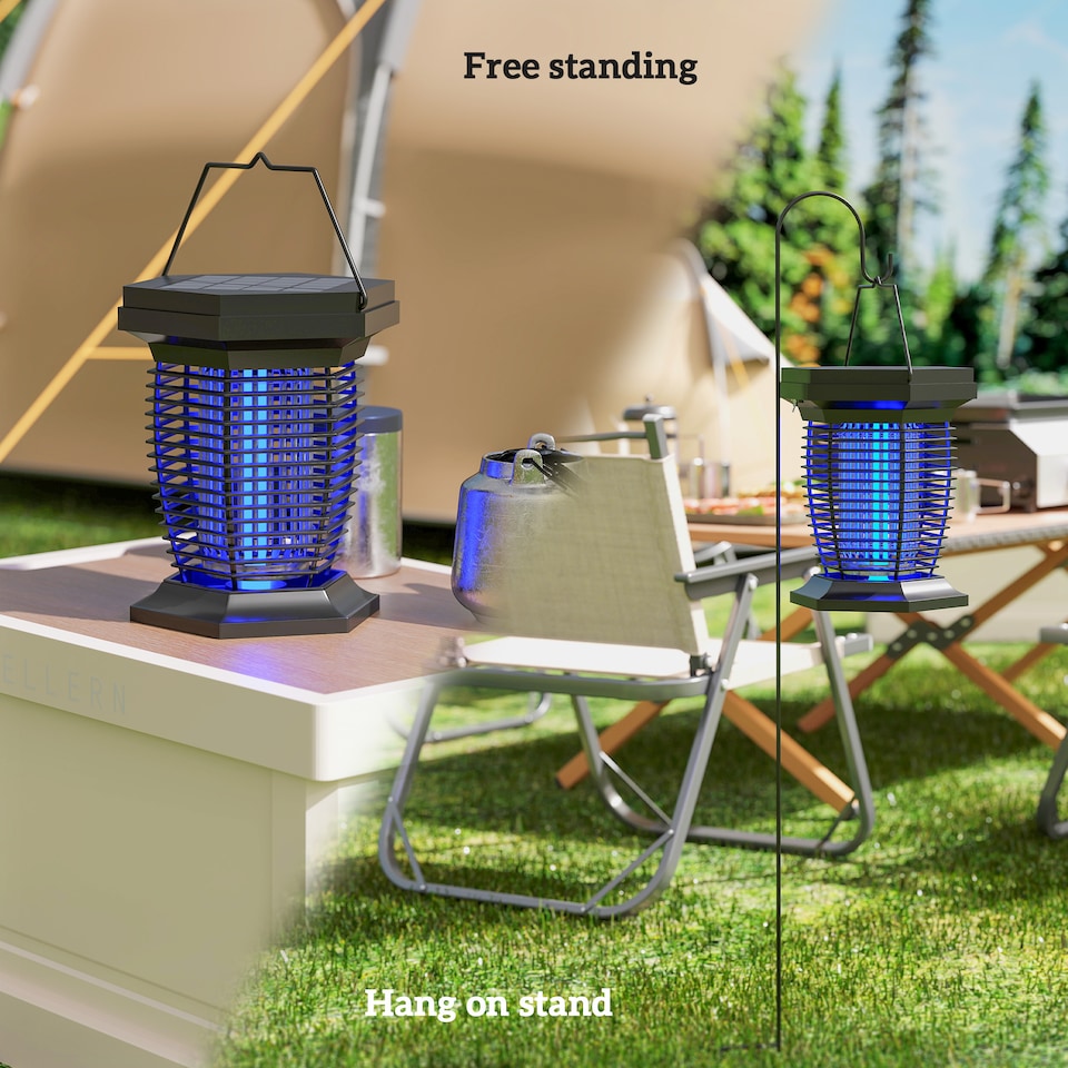 image 1 of Outsunny 2-in-1 Electric Fly Zapper with UVA Light, Hanging Garden Lantern, Solar and USB-DC Rechargeable Insect Mosquito Bug Zapper, Fly Killer for Indoor and Outdoor Use, Black
